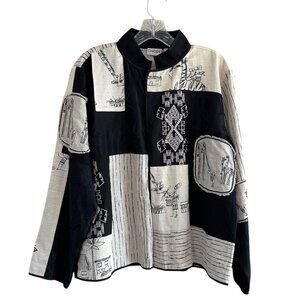 Chico's Silk and Linen Blend Patchwork Art to Wear Jacket, Black Cream, Large